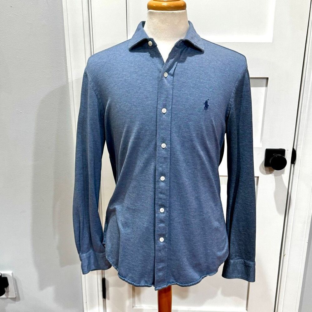 Polo by Ralph Lauren Knit Dress Shirt. Blue. Large.